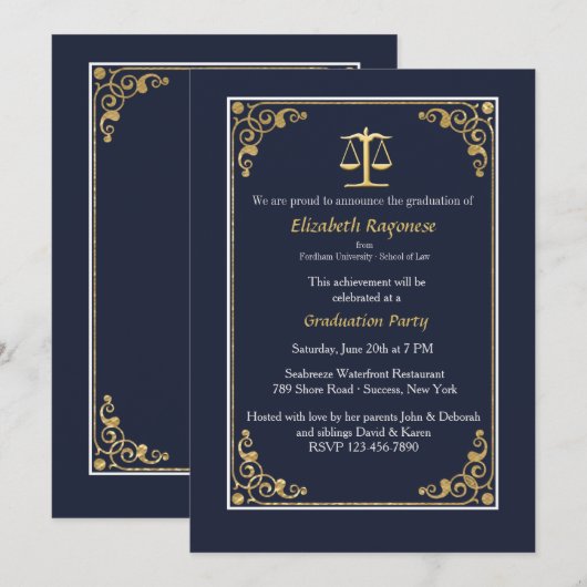 Opgericht in Gold Justice Scale Afstuderen Invites Kaart (Voorkant / Achterkant)