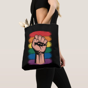 Opgerichte Vuist Trots Regenboog LGBTQ Steun Recht Tote Bag