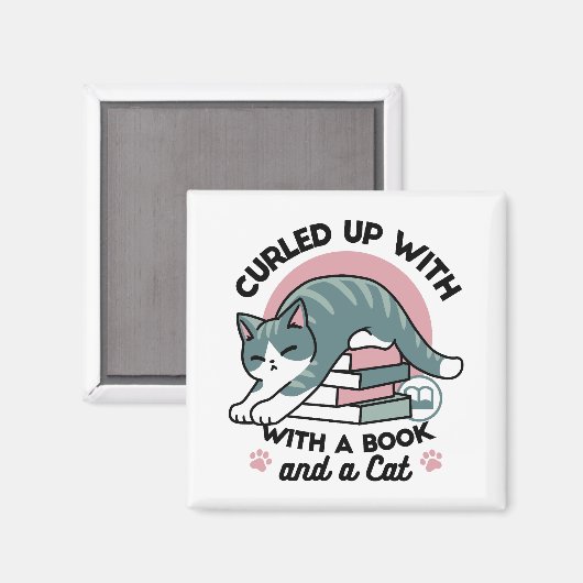 Opgerold met een boek en een kat - Gezellig Katten Magneet (Voorkant / Achterkant)