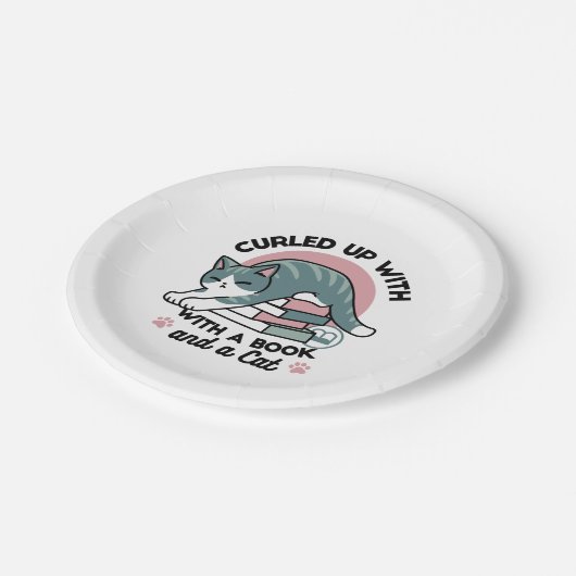 Opgerold met een boek en een kat - Gezellig Katten Papieren Bordje (Gekanteld)