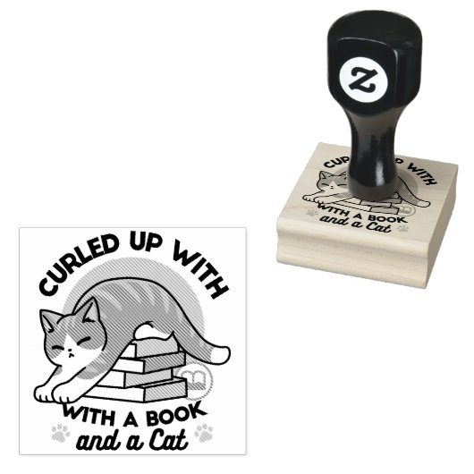 Opgerold met een boek en een kat - Gezellig Katten Rubberstempel (Gestempeld)