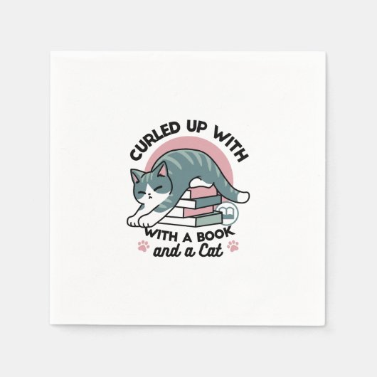 Opgerold met een boek en een kat - Gezellig Katten Servet (Voorkant)
