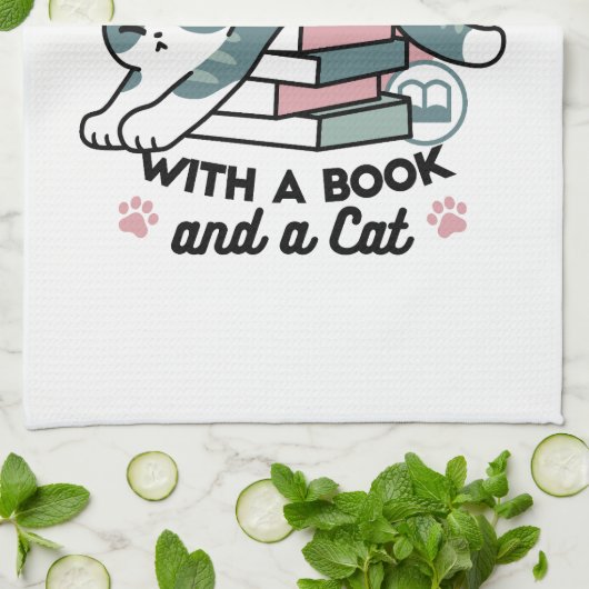 Opgerold met een boek en een kat - Gezellig Katten Theedoek (Gevouwen)