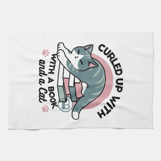 Opgerold met een boek en een kat - Gezellig Katten Theedoek (Horizontaal)