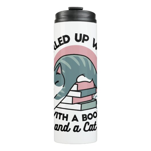Opgerold met een boek en een kat - Gezellig Katten Thermosbeker (Voorkant)