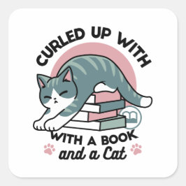 Opgerold met een boek en een kat - Gezellig Katten Vierkante Sticker
