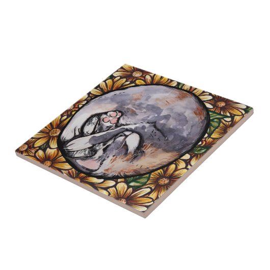 Opgerolde verdunde Calico Kitty Cat Tegeltje (Zijkant)