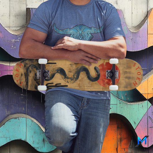 Opgerolde woestijnslang onder rode maan, retro wil persoonlijk skateboard