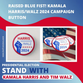 Opgestoken blauwe vuist! Campagne Kamala Harris/Wa Ronde Button 5,7 Cm
