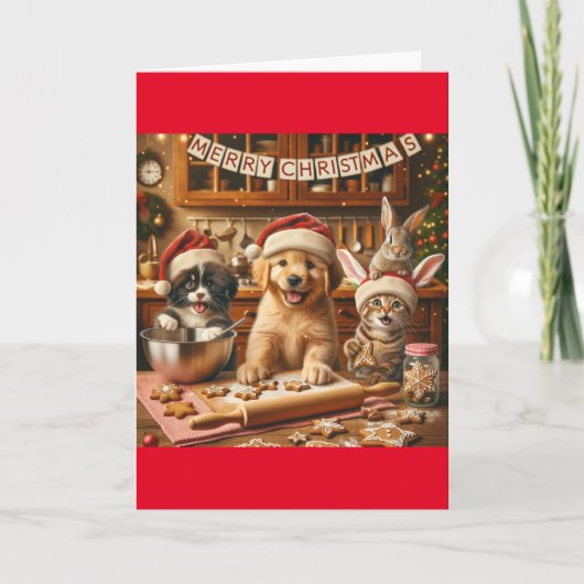 Opgevouwen kerstkaart met hond, kat, konijn #4 bedankkaart (Voorkant)