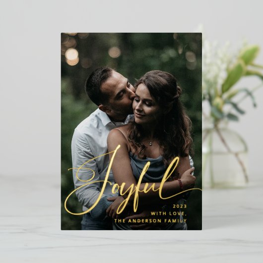 opgewekt | Elegant script en foto kerst Folie Feestdagenkaart (Staand Voorkant)