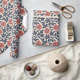 Opgewekt Navy Koraal Bloemig Vintage Cadeaupapier