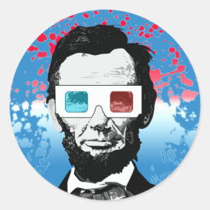 Opgewekte Abraham Lincoln 3D Bril Lichtblauw Pop Ronde Sticker