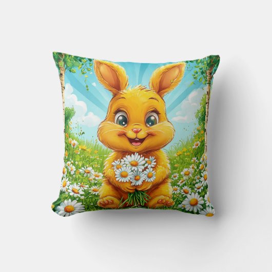 🐰🌼 Opgewekte Konijn Kamille Weide Gezellige Deco Kussen (Voorkant)