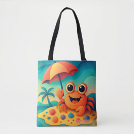 Opgewekte strandkrab met tropische paraplu tote bag