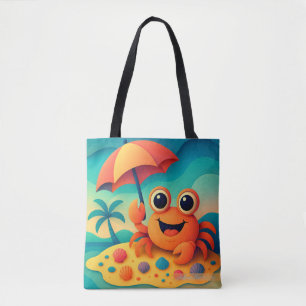 Opgewekte strandkrab met tropische paraplu tote bag