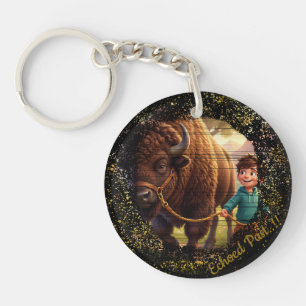 Opgewekte Verleden Whimsical Jongen en Bizon Custo Sleutelhanger