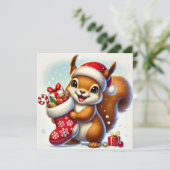 Opgewonden eekhoorn met feestelijke kous feestdagenkaart (Staand voorkant)