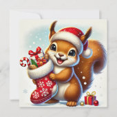Opgewonden eekhoorn met feestelijke kous feestdagenkaart (Voorkant)
