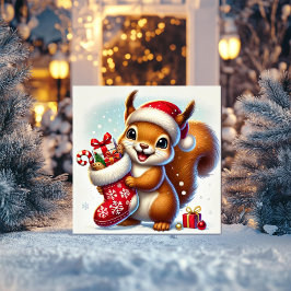 Opgewonden Eekhoorn met Kerstkous Feestdagenkaart