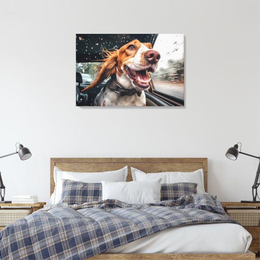 Opgewonden hond op regenachtige autorit art print (Insitu (Slaapkamer))