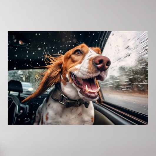 Opgewonden hond op regenachtige autorit art print (Voorkant)