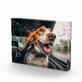 Opgewonden hond op regenachtige autorit art print fotoblokken (Rechts)