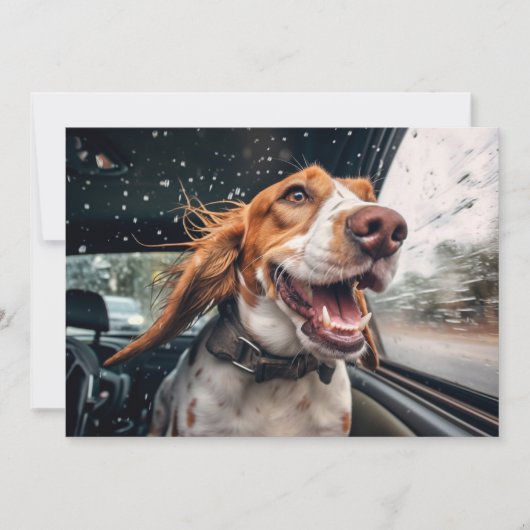 Opgewonden hond op regenachtige autorit art print kaart (Voorkant)