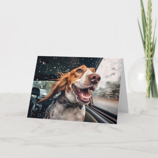 Opgewonden hond op regenachtige autorit art print kaart (Voorkant)