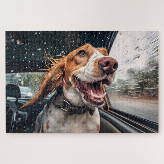 Opgewonden hond op regenachtige autorit art print legpuzzel (Horizontaal)