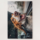 Opgewonden hond op regenachtige autorit art print legpuzzel (Verticaal)