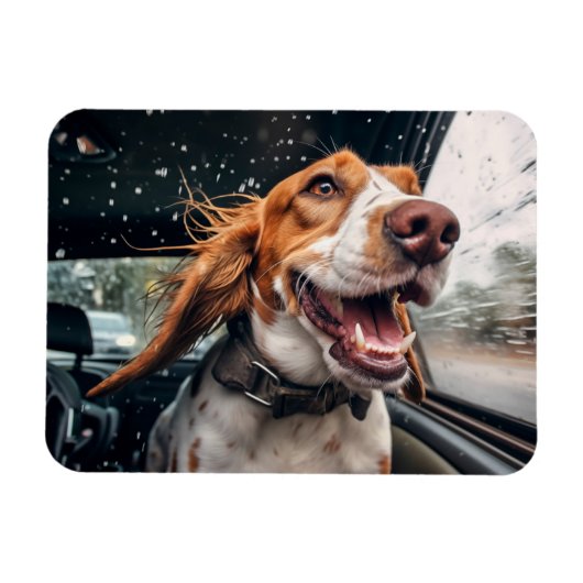 Opgewonden hond op regenachtige autorit art print magneet (Horizontaal)