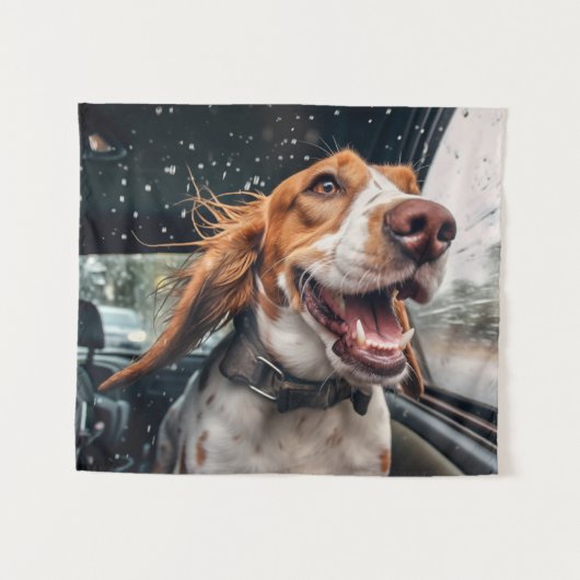 Opgewonden hond op regenachtige autorit art print wandkleed (Voorkant (horizontaal))