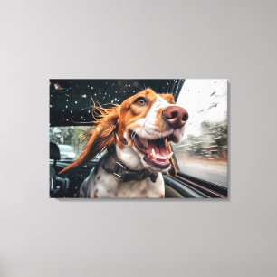 Opgewonden hond op regenachtige autorit kunstprint canvas afdruk