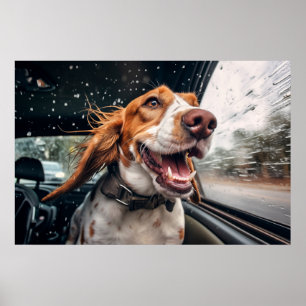 Opgewonden hond op regenachtige autorit kunstprint poster