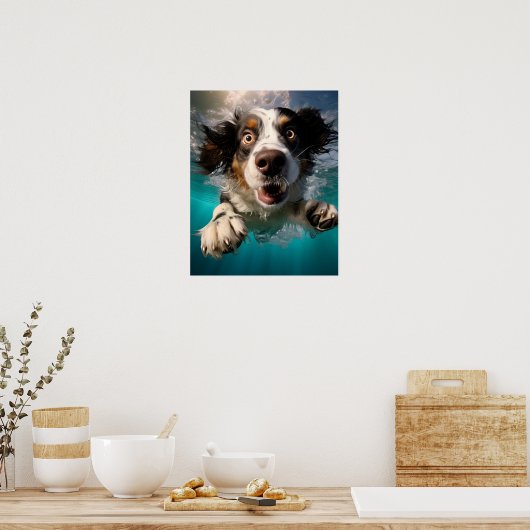 Opgewonden hond zwemmen onder water ontwerp poster (Keuken)