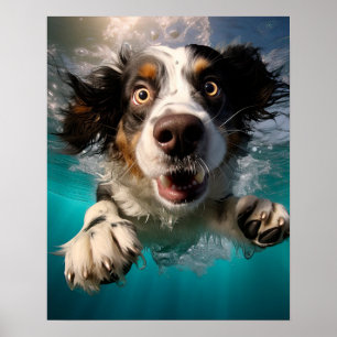 Opgewonden hond zwemmen onder water ontwerp poster
