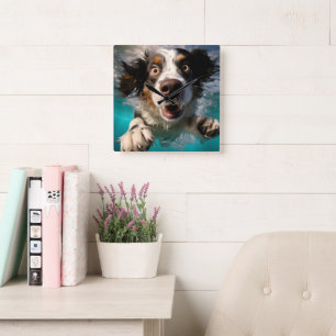 Opgewonden Hond Zwemt Onderwater Ontwerp Vierkante Klok