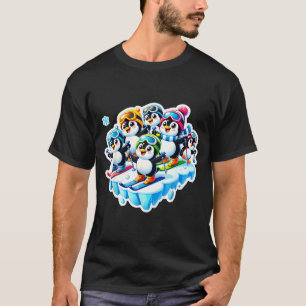 Opgewonden pinguïns die samen skiën in sneeuwavont t-shirt