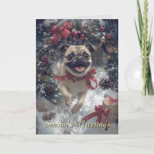 Opgewonden Pug Dog Christmas Kaart (Voorkant)