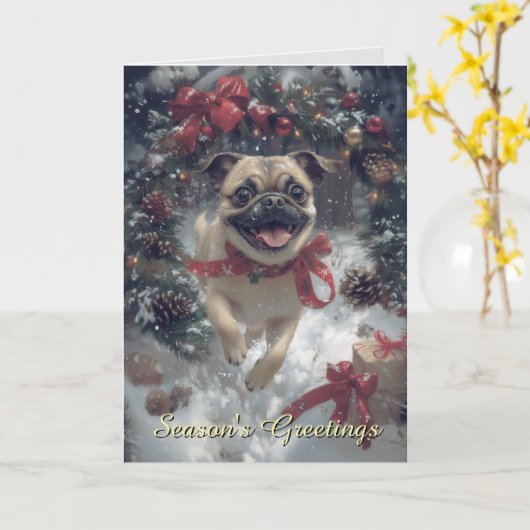 Opgewonden Pug Dog Christmas Kaart (Gele Bloem)