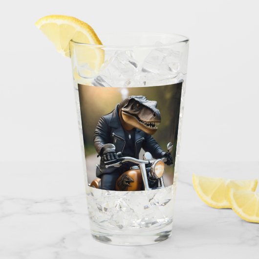 **"Opgewonden Rex: T-Rex in leer op een motorfiets Glas (Voorkant ijs)