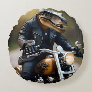 **"Opgewonden Rex: T-Rex in leer op een motorfiets Rond Kussen