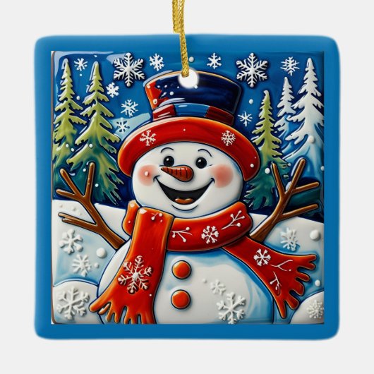 Opgewonden sneeuwman kerst  keramisch ornament (Voorkant)