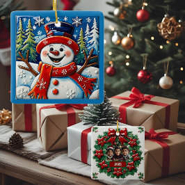 Opgewonden Sneeuwman Kerst Misbaar Aanpasbaar Keramisch Ornament