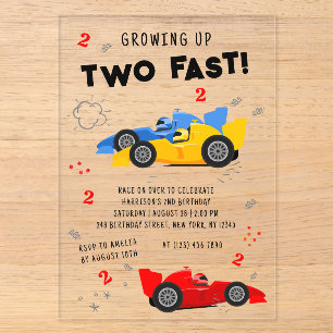 Opgroeien gaat te snel 2e verjaardag raceauto's acryl uitnodigingen