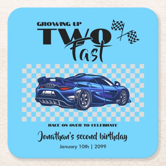 Opgroeien tot snelle 2e verjaardag Blauwe sportwag Kartonnen Onderzetters (Voorkant)