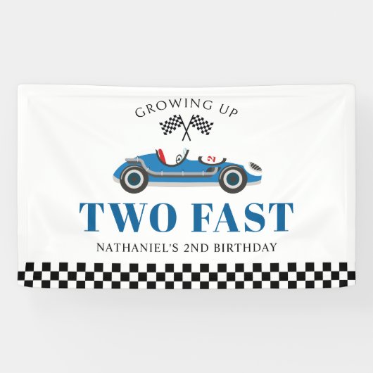 Opgroeien Twee Fast Blue Racing Car Verjaardag Spandoek (Horizontaal)