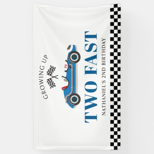 Opgroeien Twee Fast Blue Racing Car Verjaardag Spandoek (Verticaal)