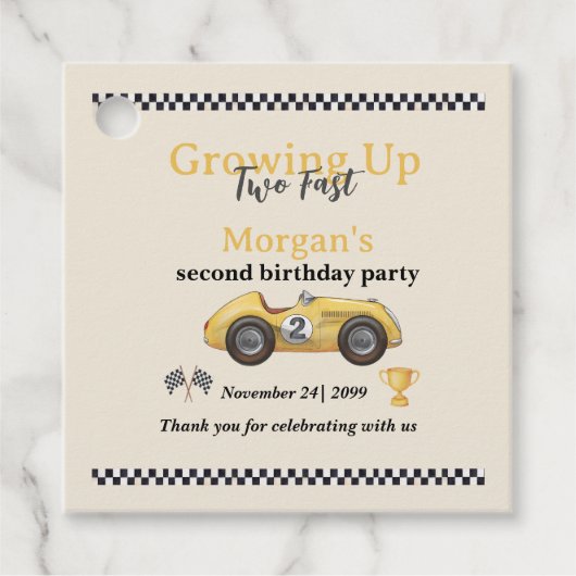 Opgroeien Twee Fast Yellow Race Car Kinder 2e Bedankjes Labels (Voorkant)